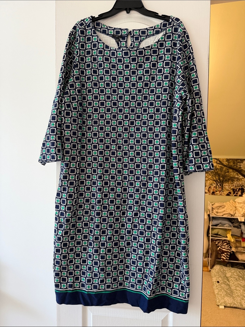 Talbots Navy, White & Green Geometric Shift Dress - Picture 2 of 7